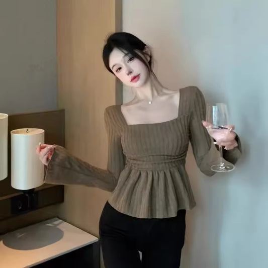 Fashionable Spicy Girl Sexy Square Collar Long Sleeve T-Shirt Autumn Pure Desire Slimming Small Minority Bell Sleeve Top For Wom