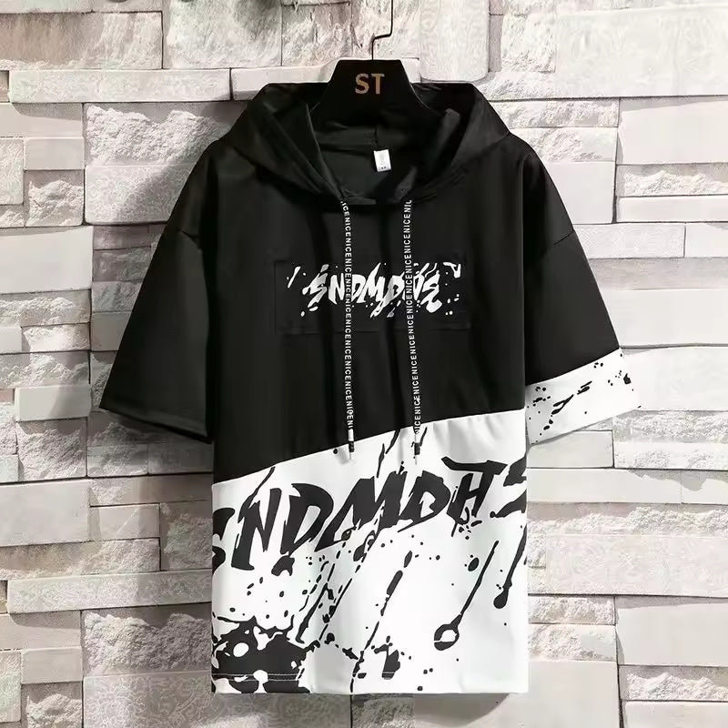 Summer Thin Casual Short Sleeve Hooded Men's T-shirt Half Sleeve Korean Style Trendy Youth Male Tee Ins Trendy Brand