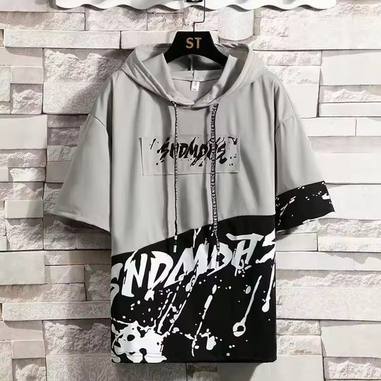 Summer Thin Casual Short Sleeve Hooded Men's T-shirt Half Sleeve Korean Style Trendy Youth Male Tee Ins Trendy Brand