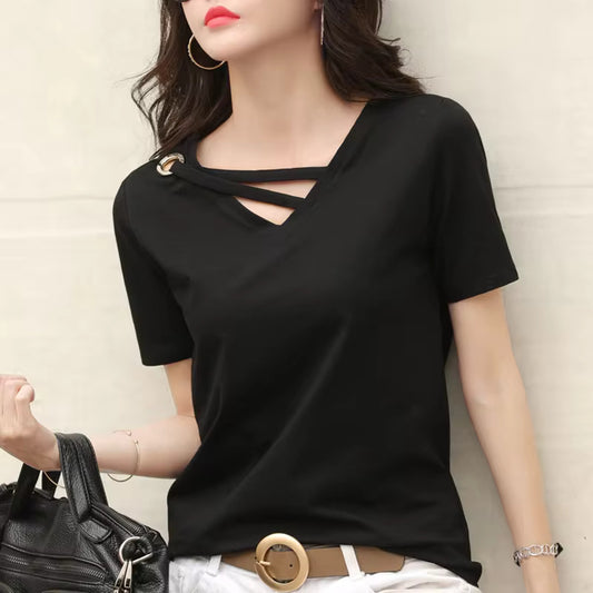 V-neck T-shirt Women Short Sleeve Summer Heart-neck Pure Color Half-sleeve Loose Casual Base Shirt Comfortable Breathable
