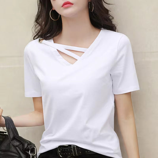 V-neck T-shirt Women Short Sleeve Summer Heart-neck Pure Color Half-sleeve Loose Casual Base Shirt Comfortable Breathable